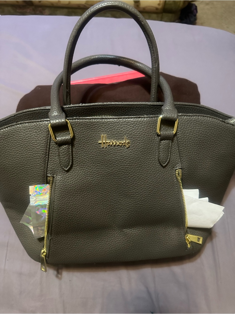 HARRODS Gray Handbag Satchel Gold Hardware Lots of Interior Space